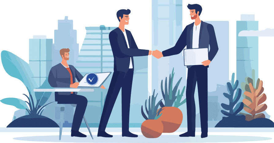 A handshake between two business individuals against a cityscape backdrop, representing a successful business agreement.